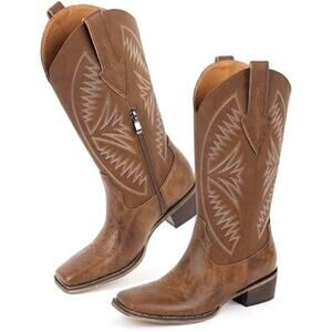 Lishan Womens 11 Brown Faux Leather Embroidered Square Toe Western Boot Shoes